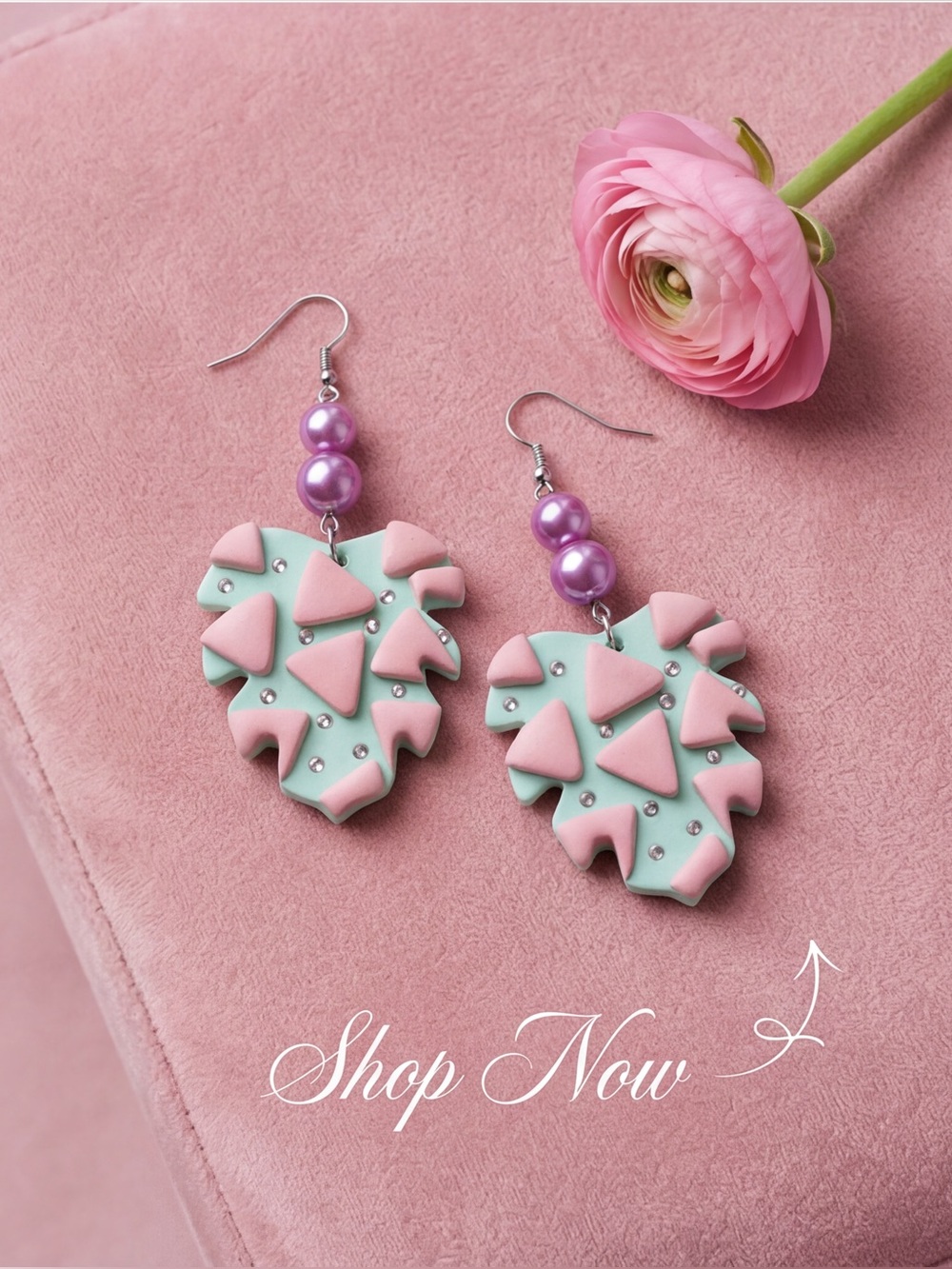 Handmade Mint & Pink Geometric Dangle Earrings